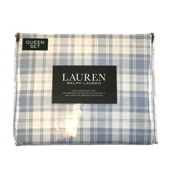 Lauren Ralph Lauren Queen Sheet Set Blue White Plaid NWT - Picture 1 of 3